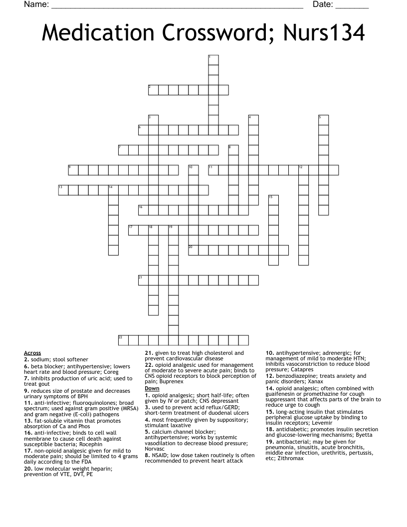 Medication Crossword; Nurs134