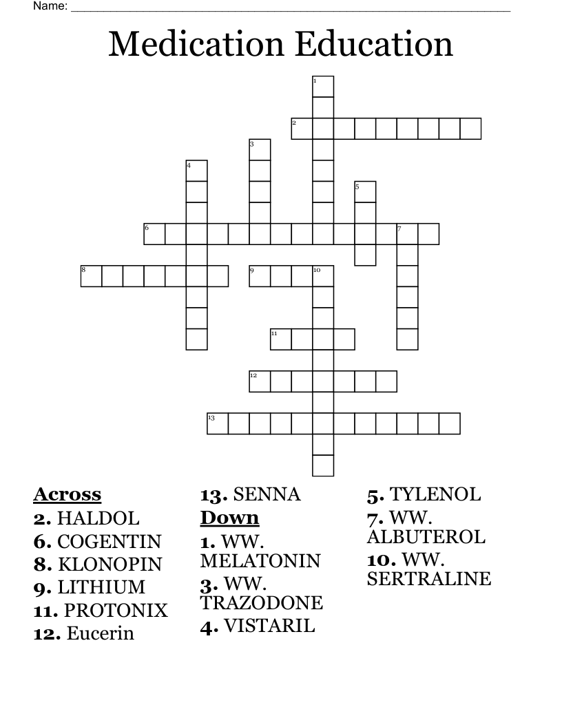 Medication Education Crossword