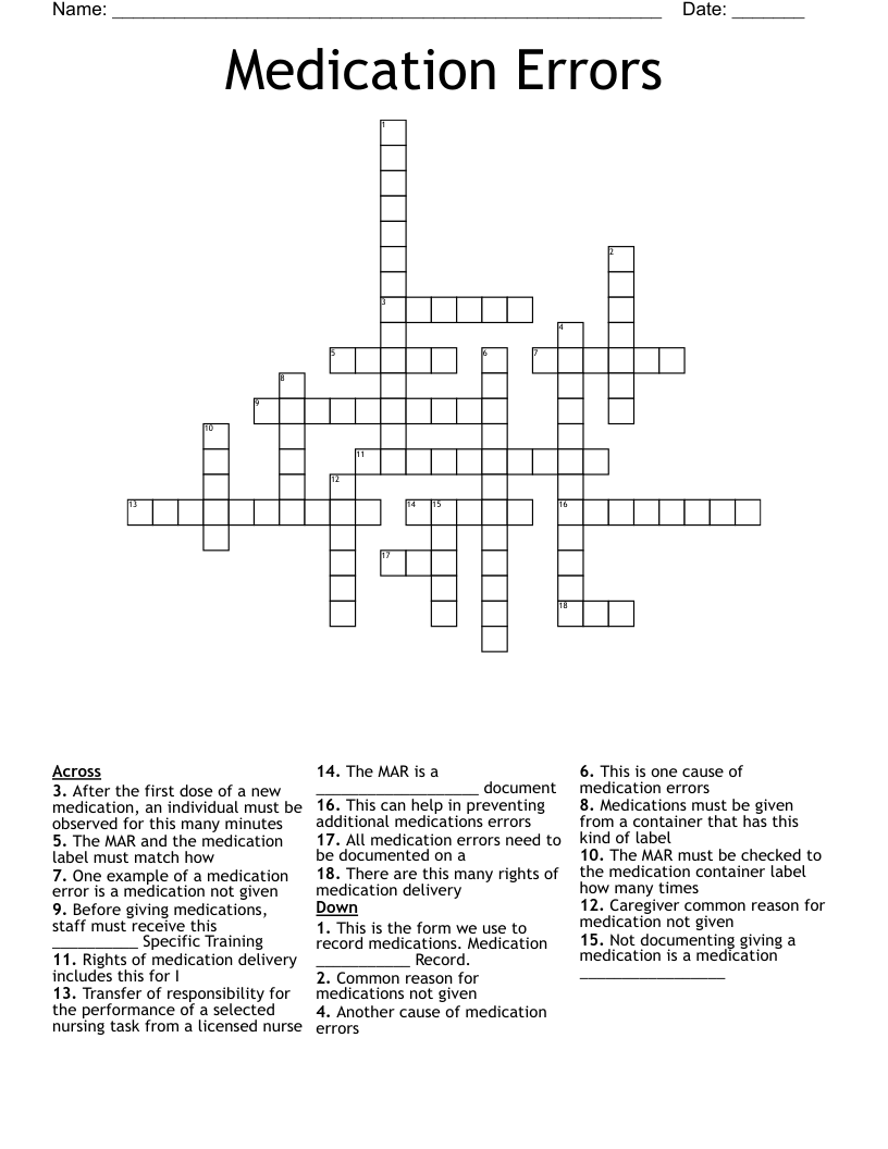 Medication Errors Crossword