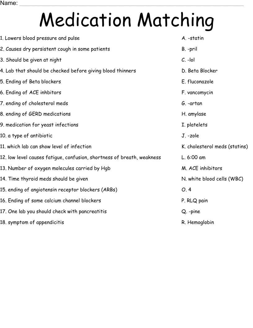 Medication Matching Worksheet