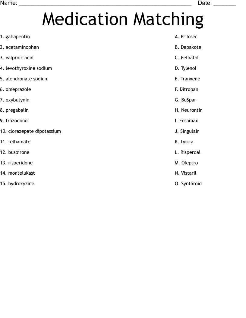 Medication Matching Worksheet