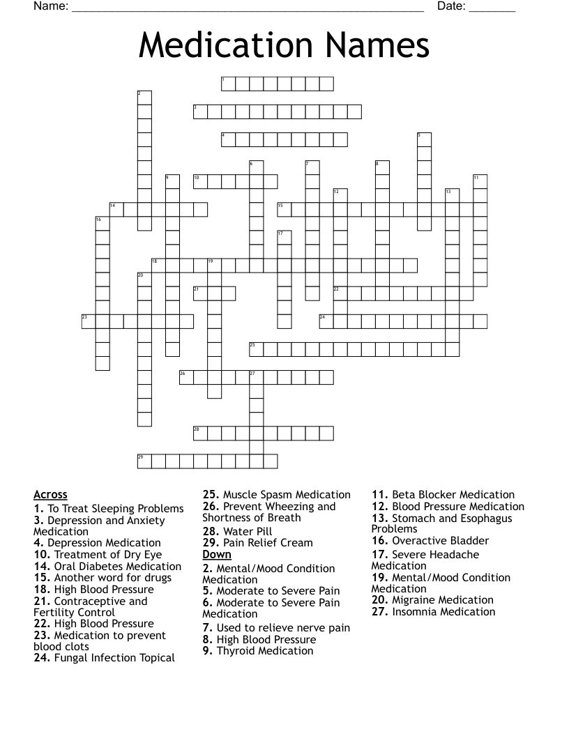 Medication Names Crossword