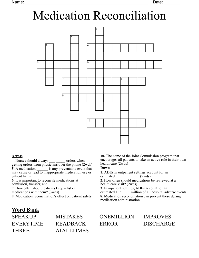 Medication Reconciliation Crossword