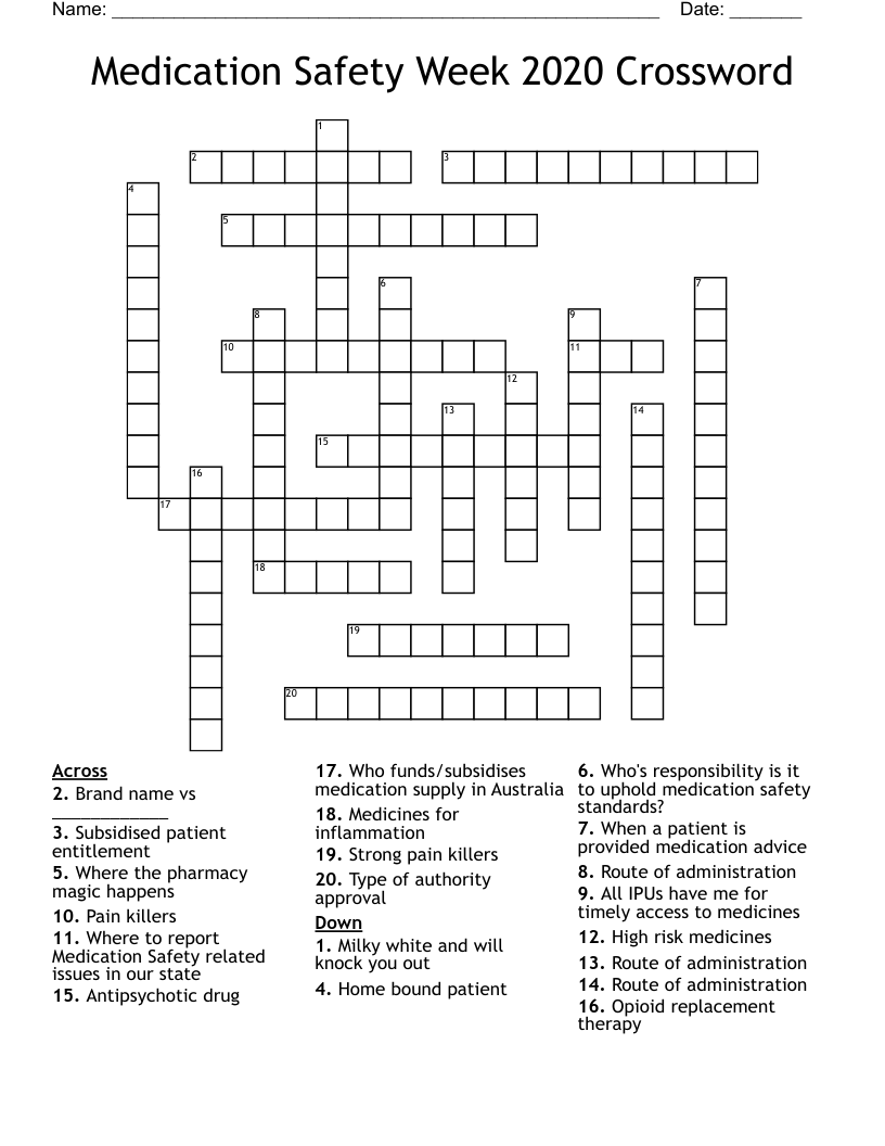 Medication Safety Week 2020 Crossword