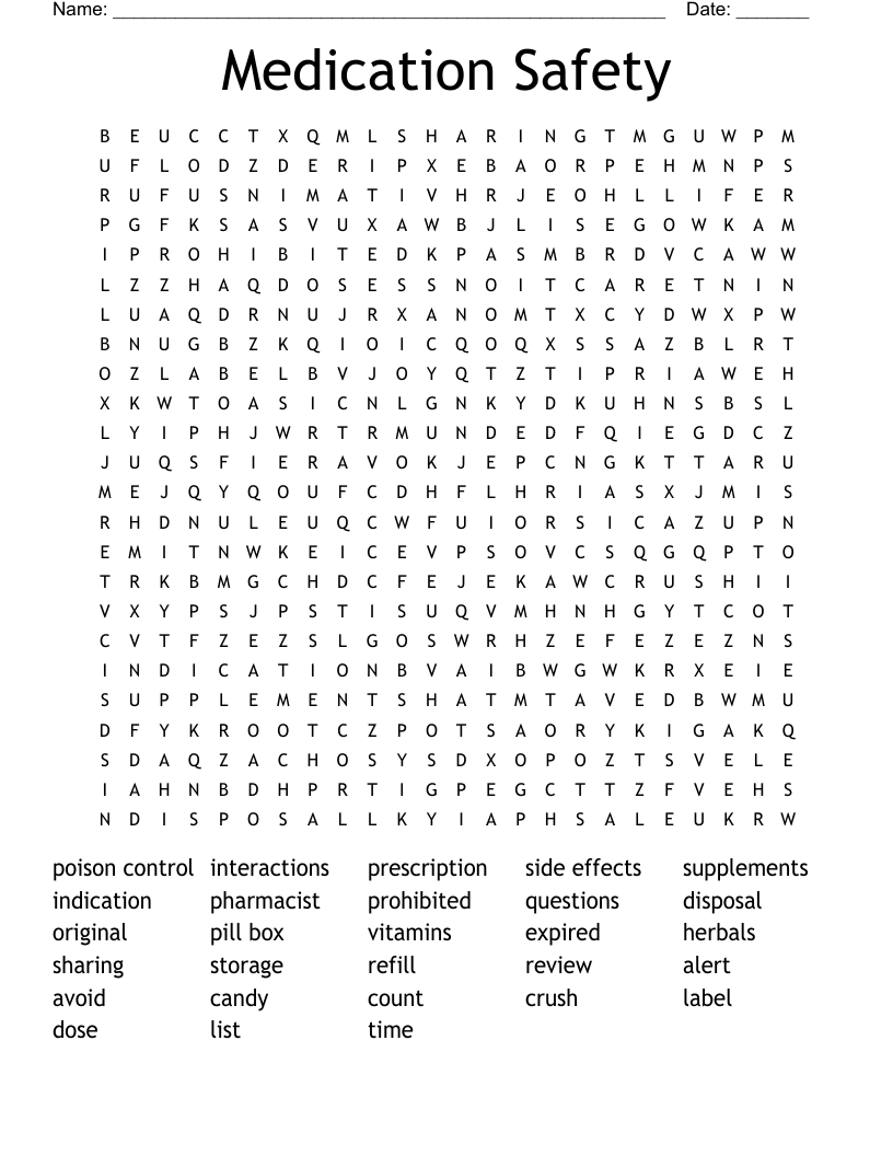 Medication Safety  Word Search