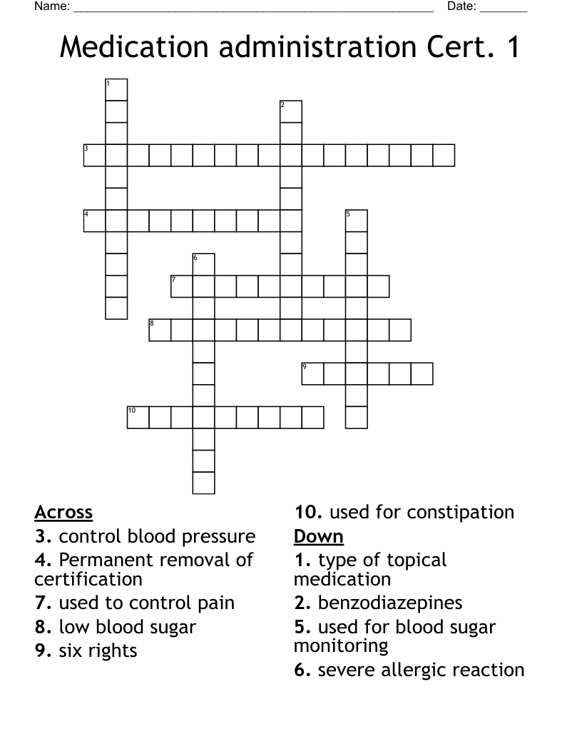 Medication administration Cert. 1 Crossword