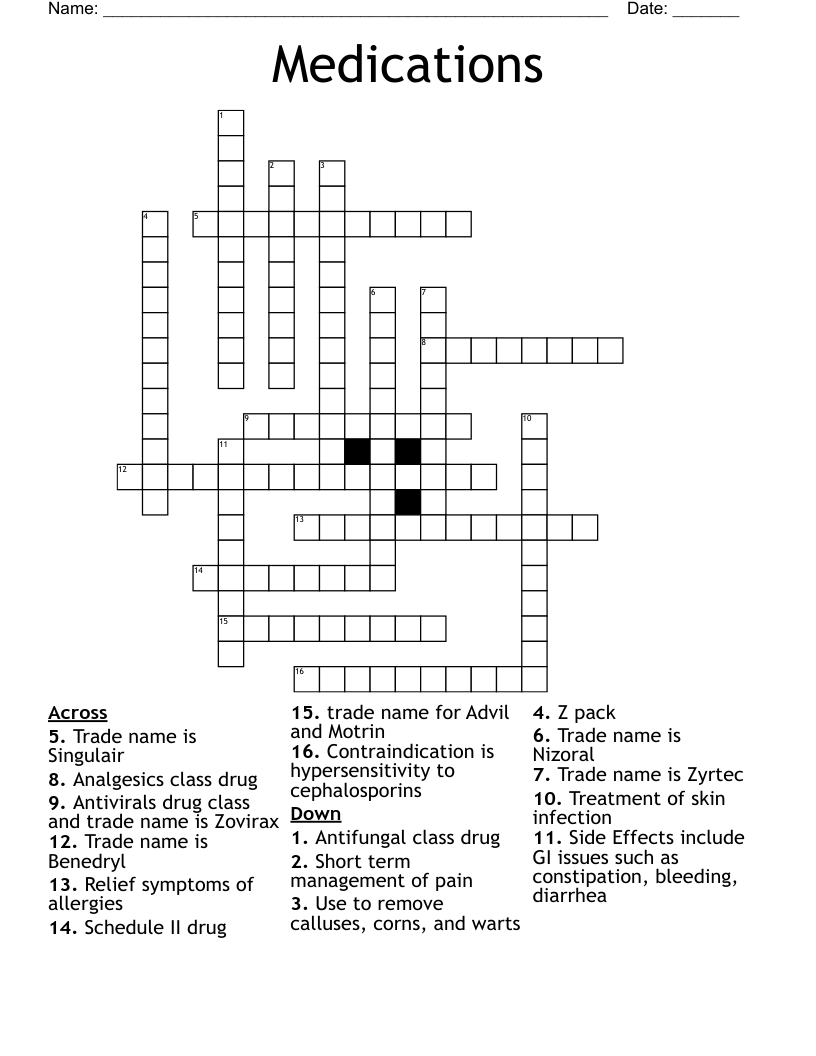 Medications Crossword