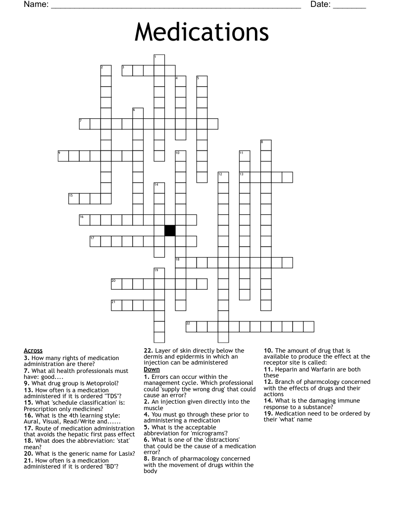 Medications Crossword