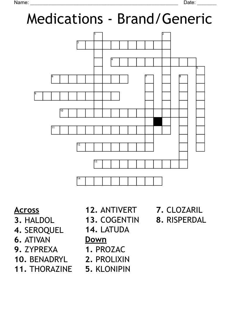 Medications - Brand/Generic  Crossword