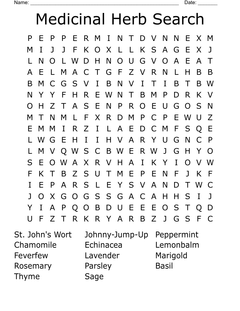 Medicinal Herb Search Word Search
