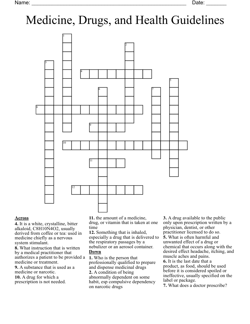 Medicine, Drugs, and Health Guidelines Crossword