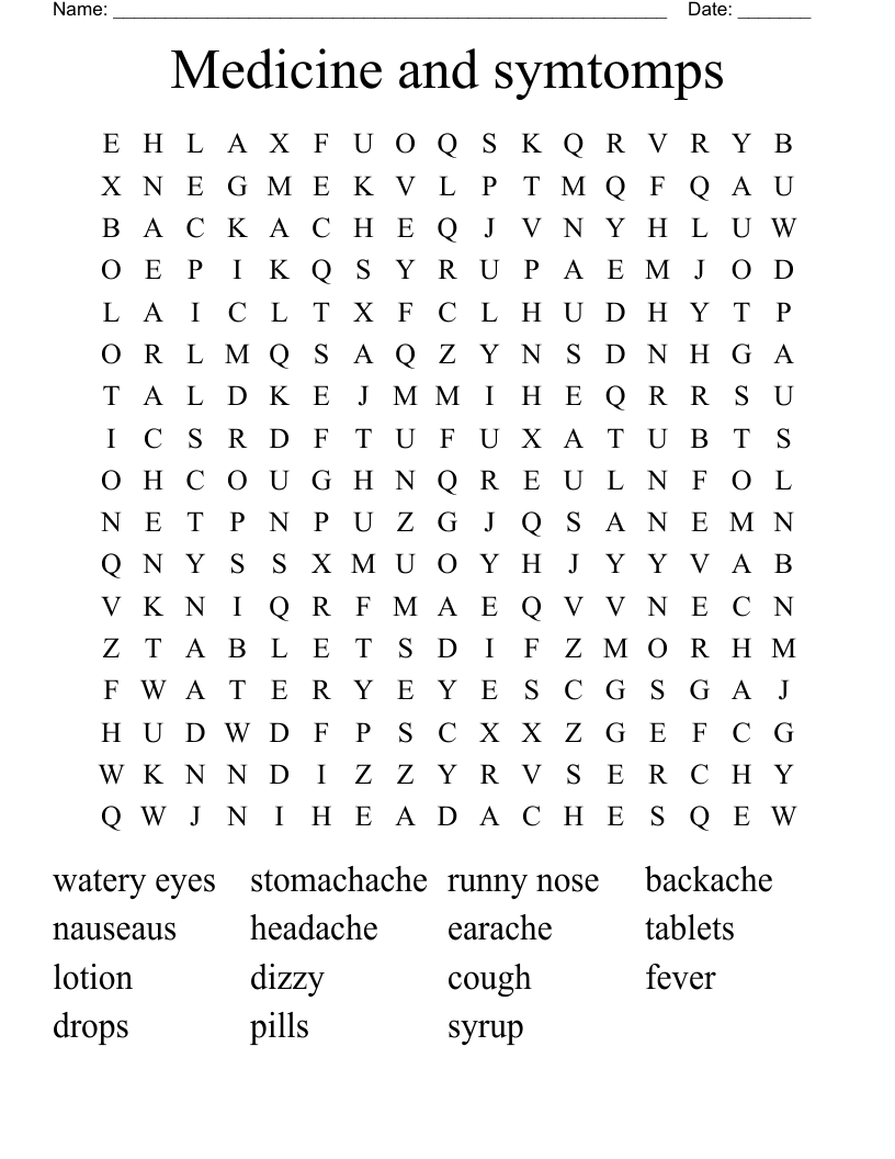 Medicine and symtomps Word Search