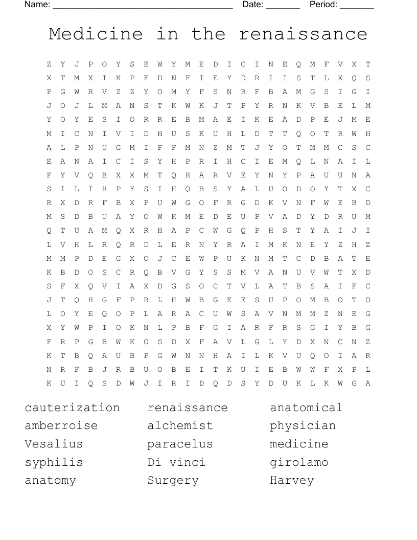 Medicine in the renaissance  Word Search