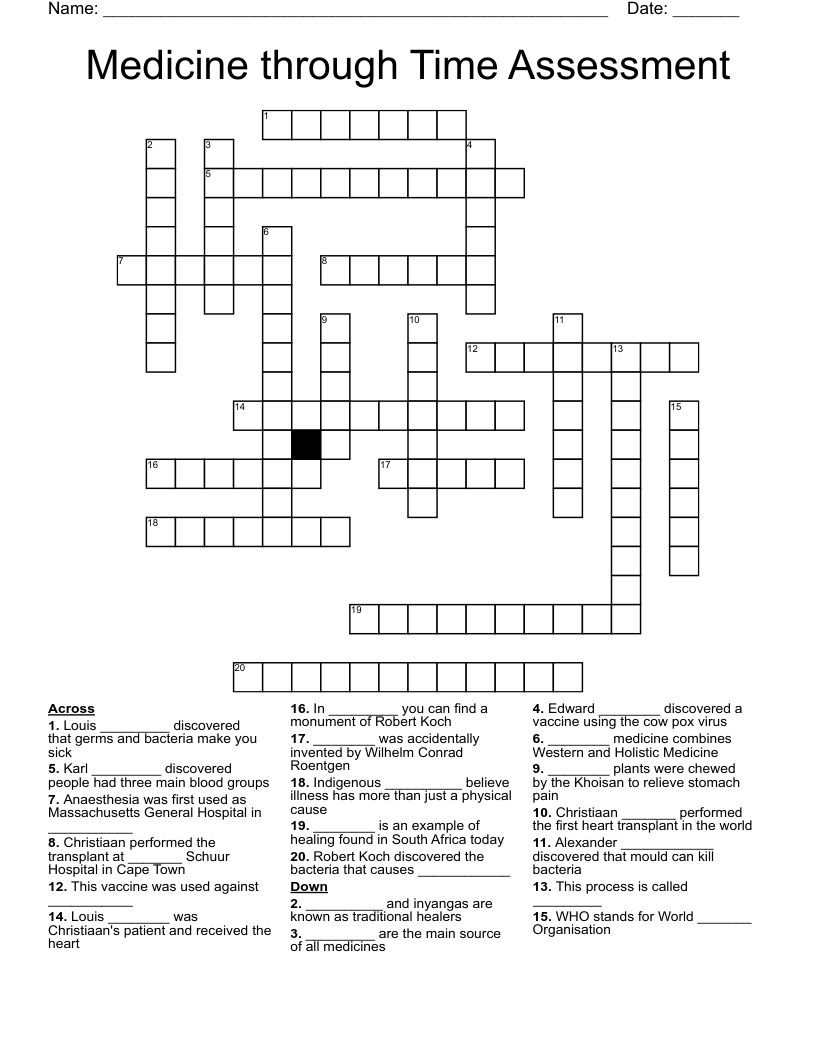 Medicine through Time Assessment Crossword
