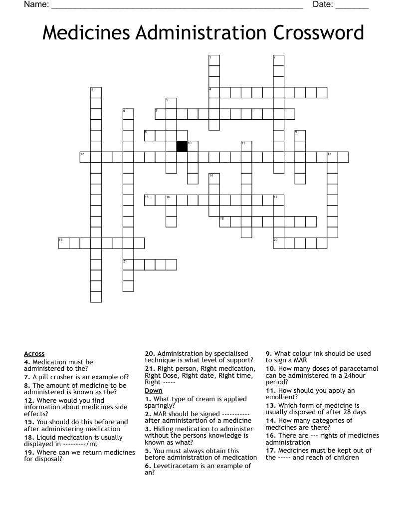 Medicines Administration Crossword