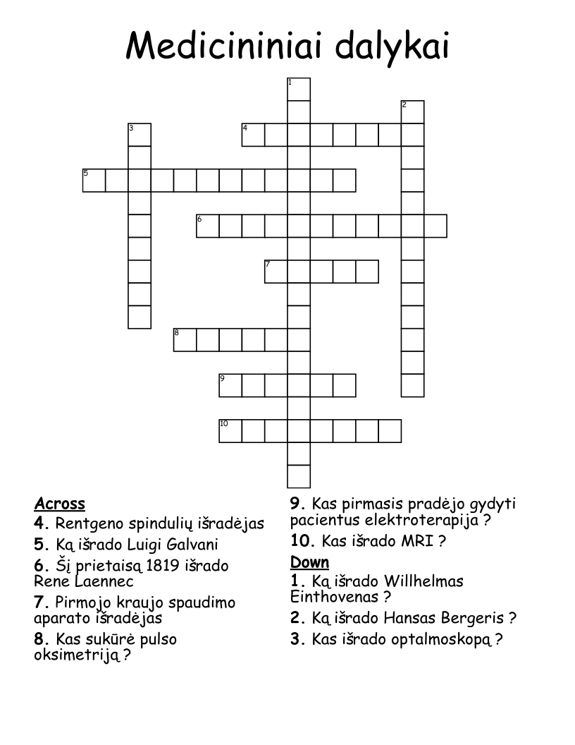 Medicininiai dalykai Crossword