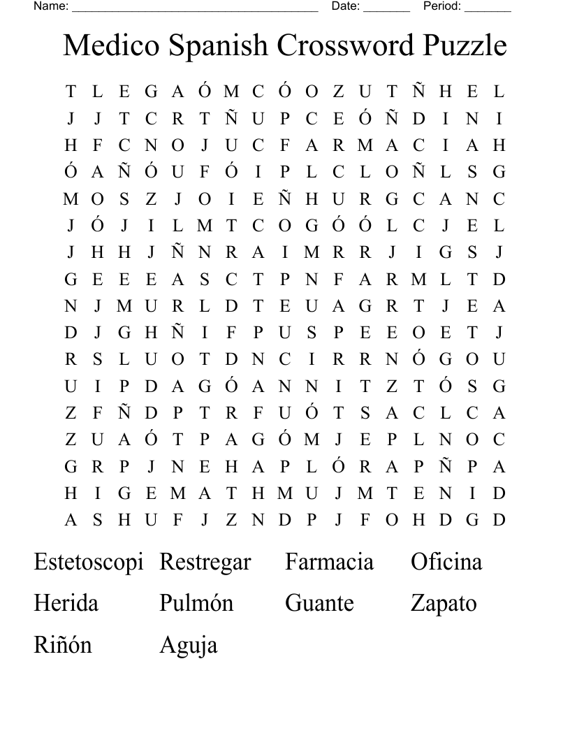Medico Spanish Crossword Puzzle  Word Search