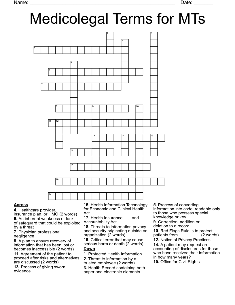 Medicolegal Terms for MTs Crossword