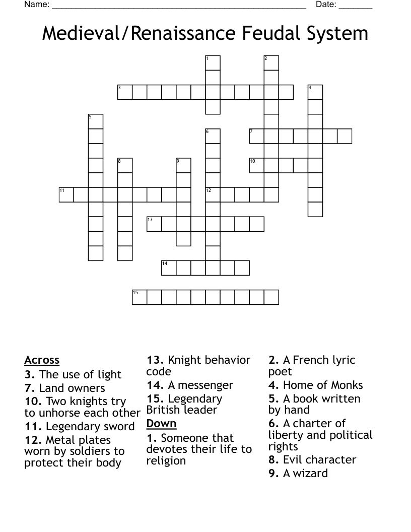 Medieval/Renaissance Feudal System Crossword