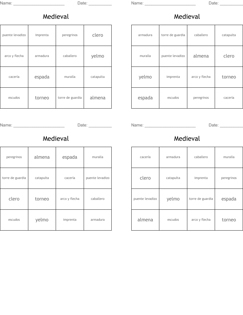 Medieval Bingo Cards