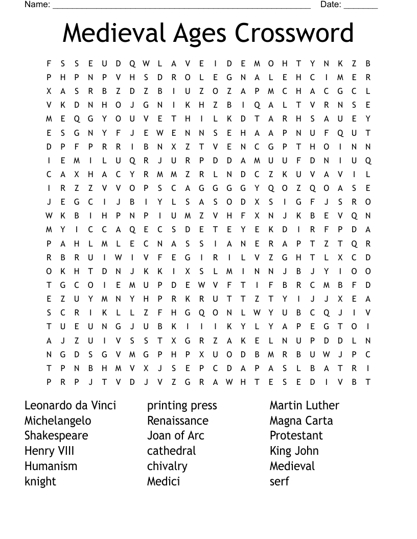 Medieval Ages Crossword Word Search