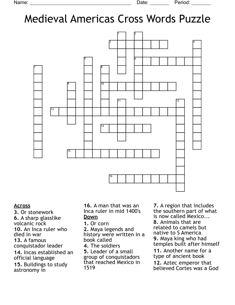 Medieval Americas Cross Words Puzzle