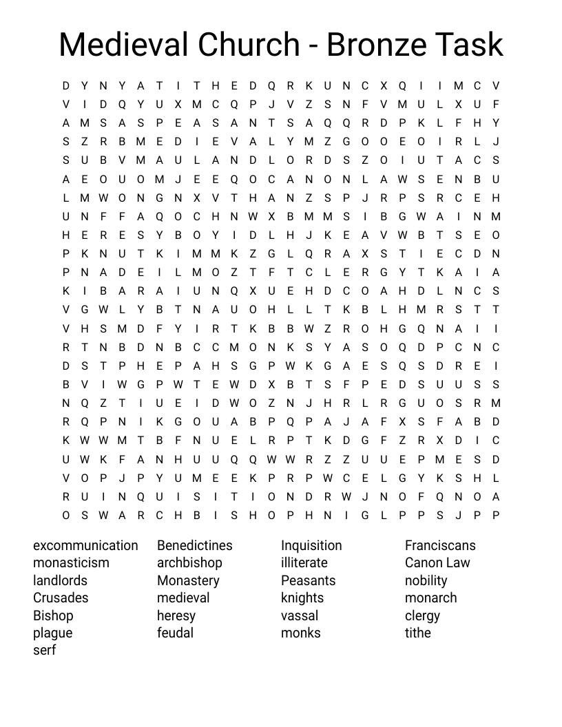 Medieval Church - Bronze Task Word Search