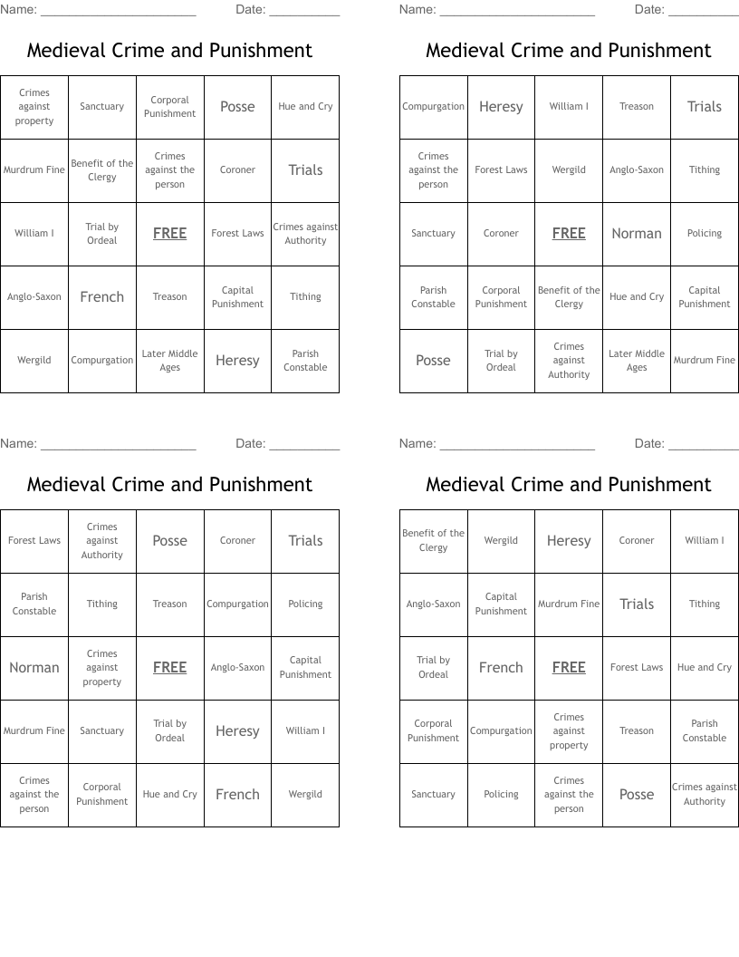 Medieval Crime and Punishment Bingo Cards