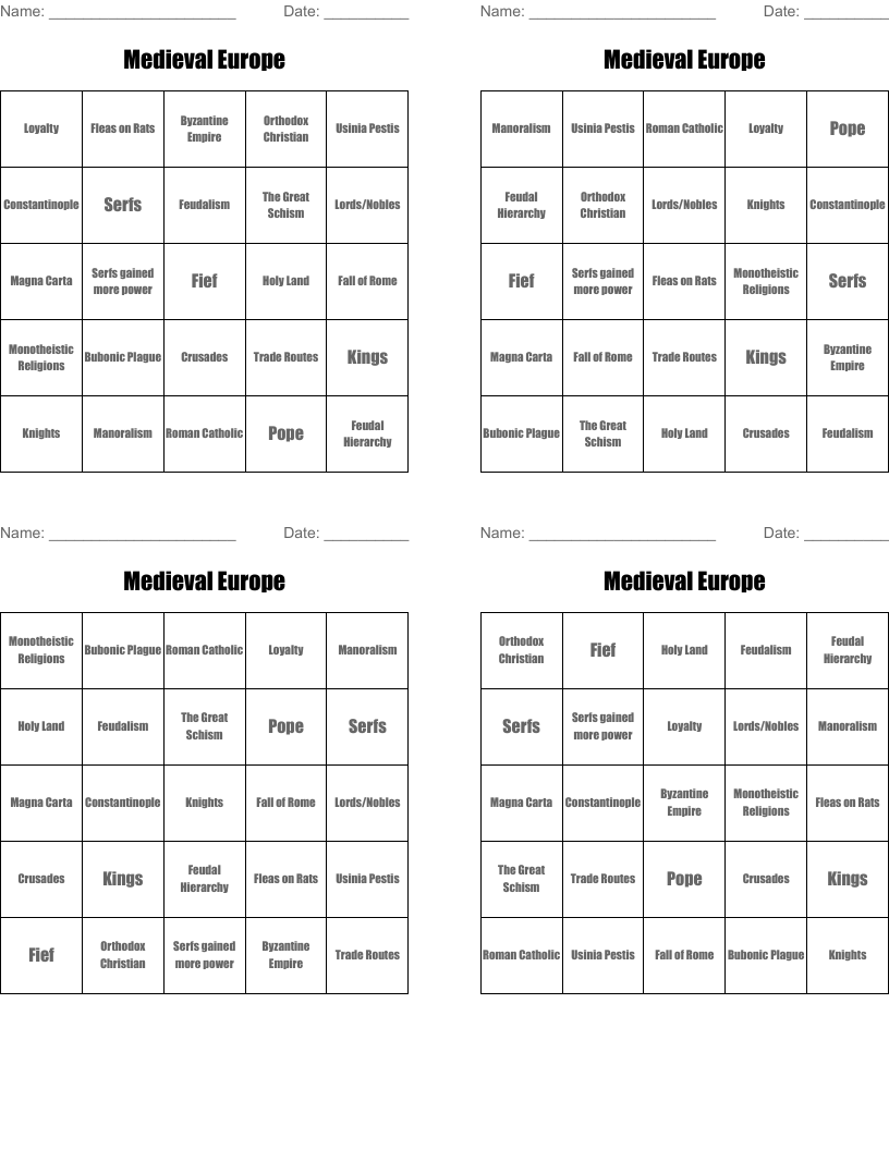 Medieval Europe Bingo Cards