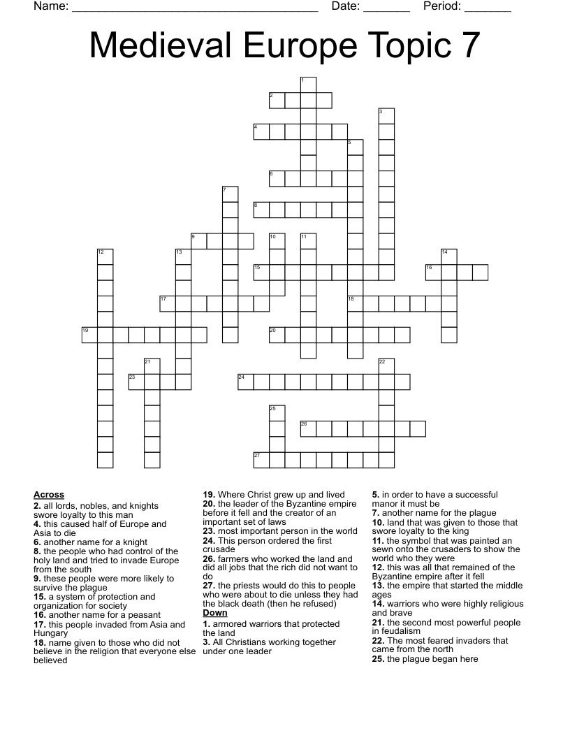 Medieval Europe Topic 7 Crossword