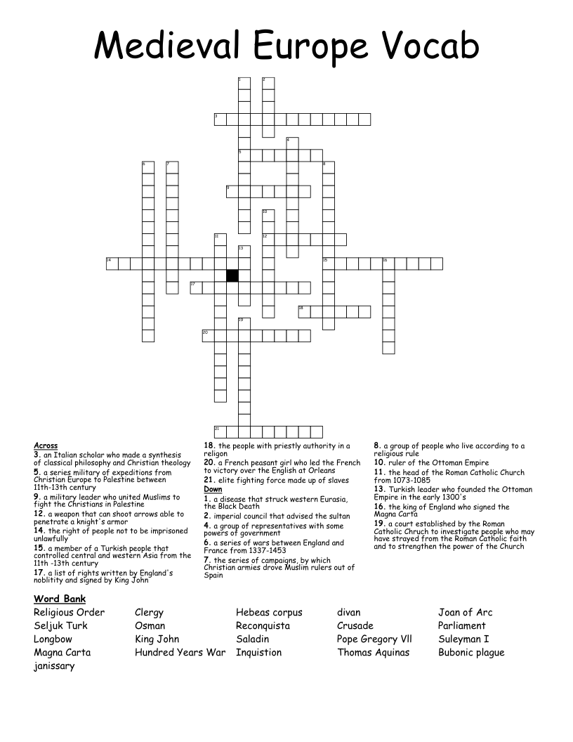Medieval Europe Vocab Crossword