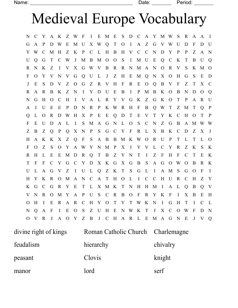 Medieval Europe Vocabulary Word Search
