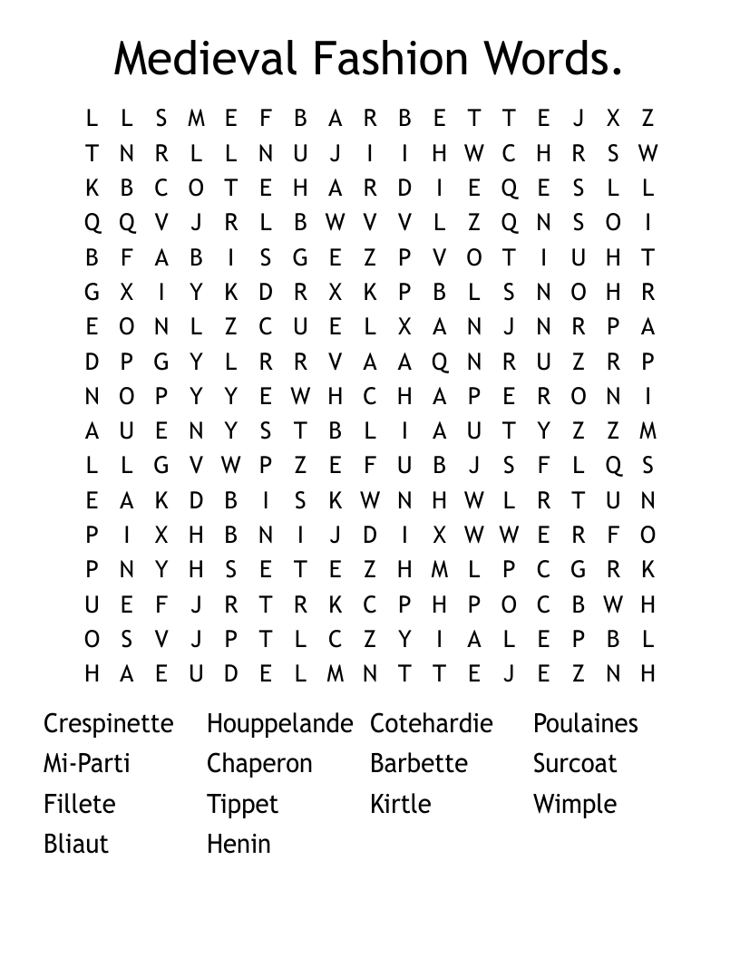 Medieval Fashion Words. Word Search