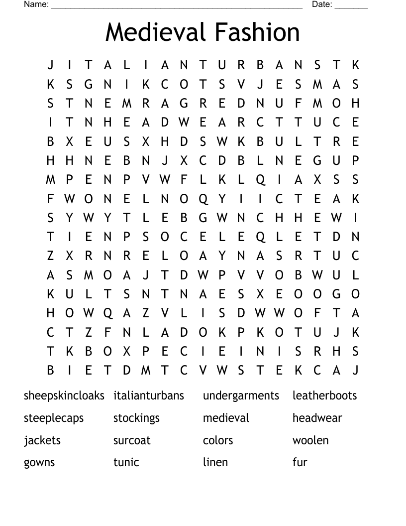 Medieval Fashion  Word Search