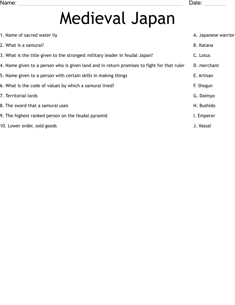 Medieval Japan Worksheet