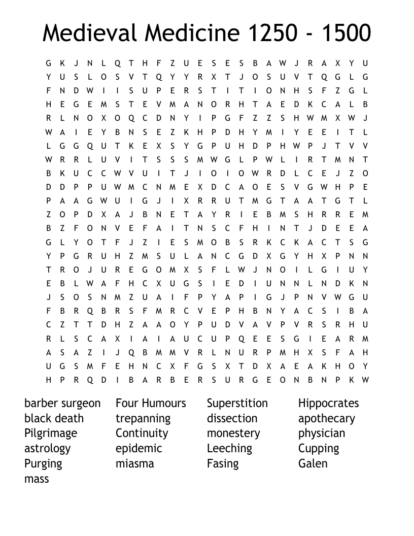 Medieval Medicine 1250 - 1500 Word Search
