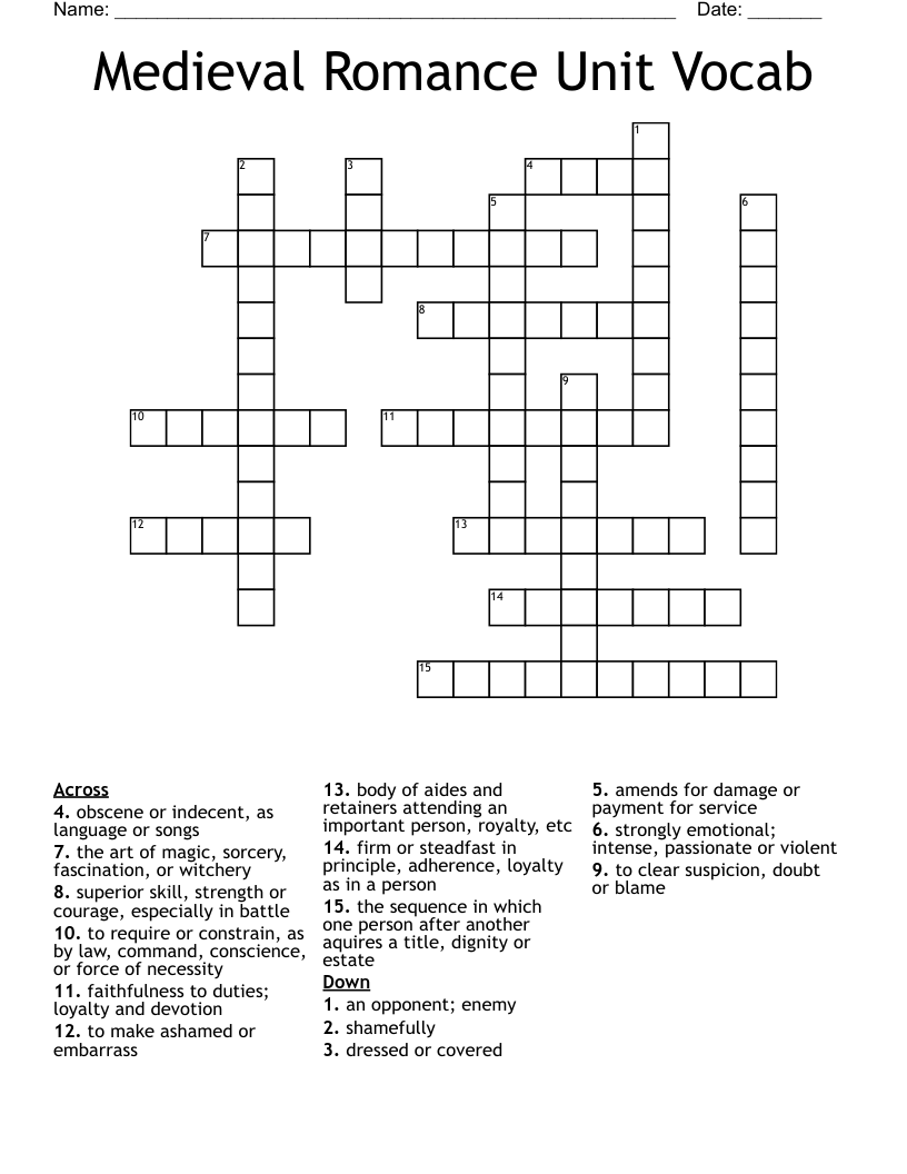 Medieval Romance Unit Vocab Crossword