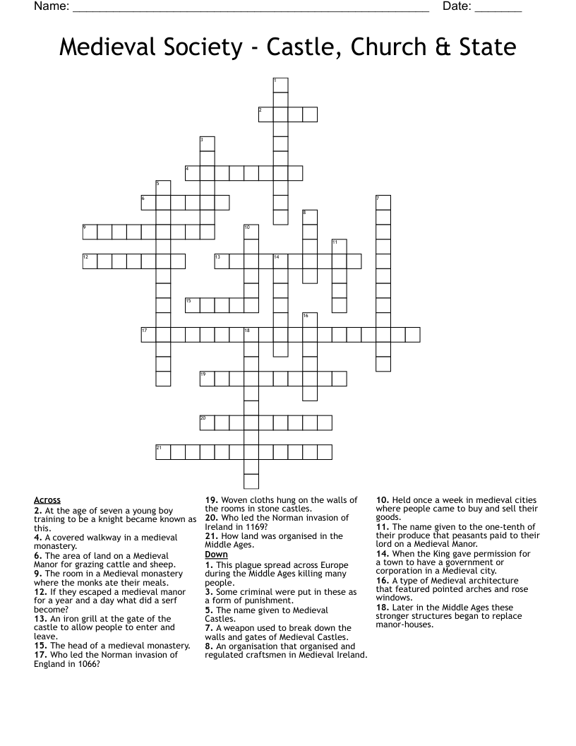 Medieval Society - Castle, Church & State Crossword