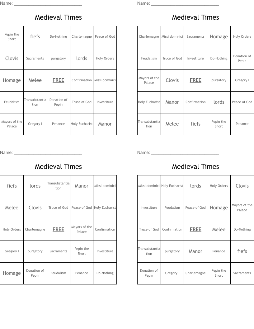 Medieval Times Bingo Cards