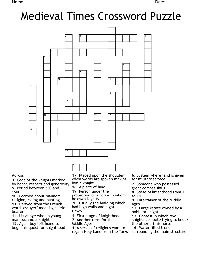 Medieval Times Crossword Puzzle
