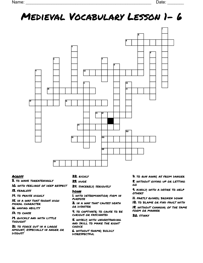 Medieval Vocabulary Lesson 1- 6 Crossword