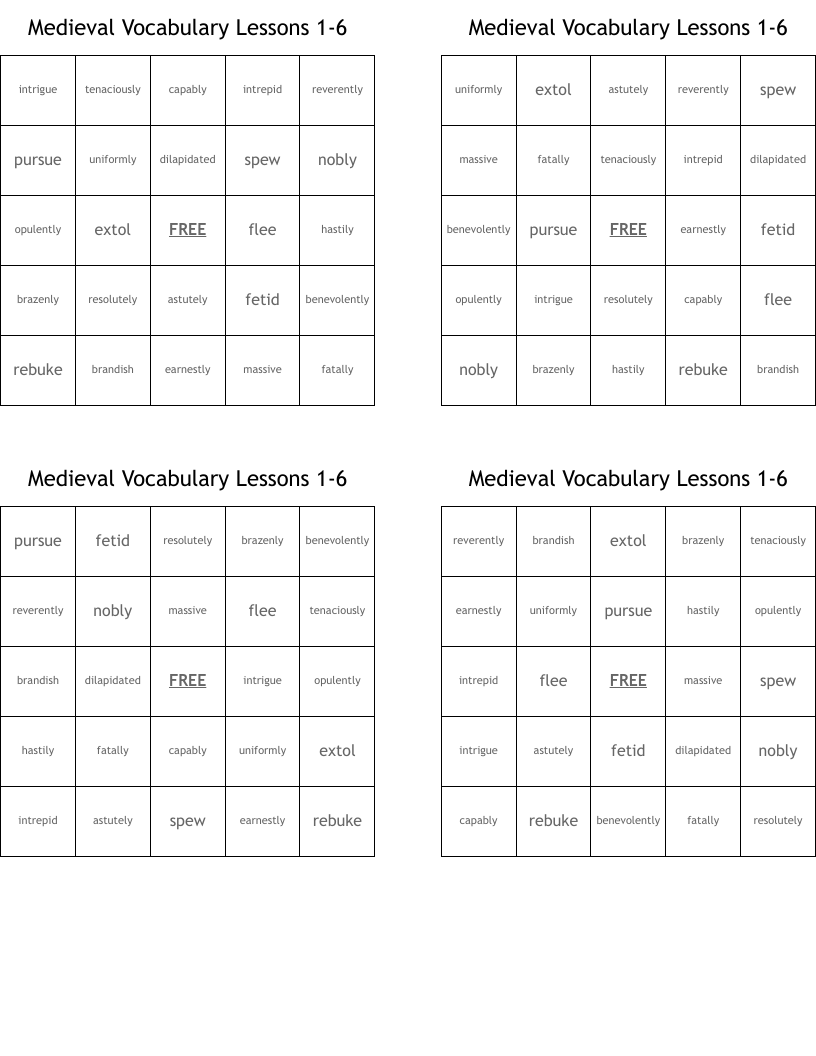 Medieval Vocabulary Lessons 1-6 Bingo Cards