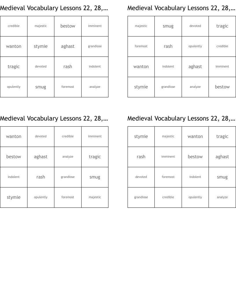 Medieval Vocabulary Lessons 22, 28, mixed review Bingo Cards