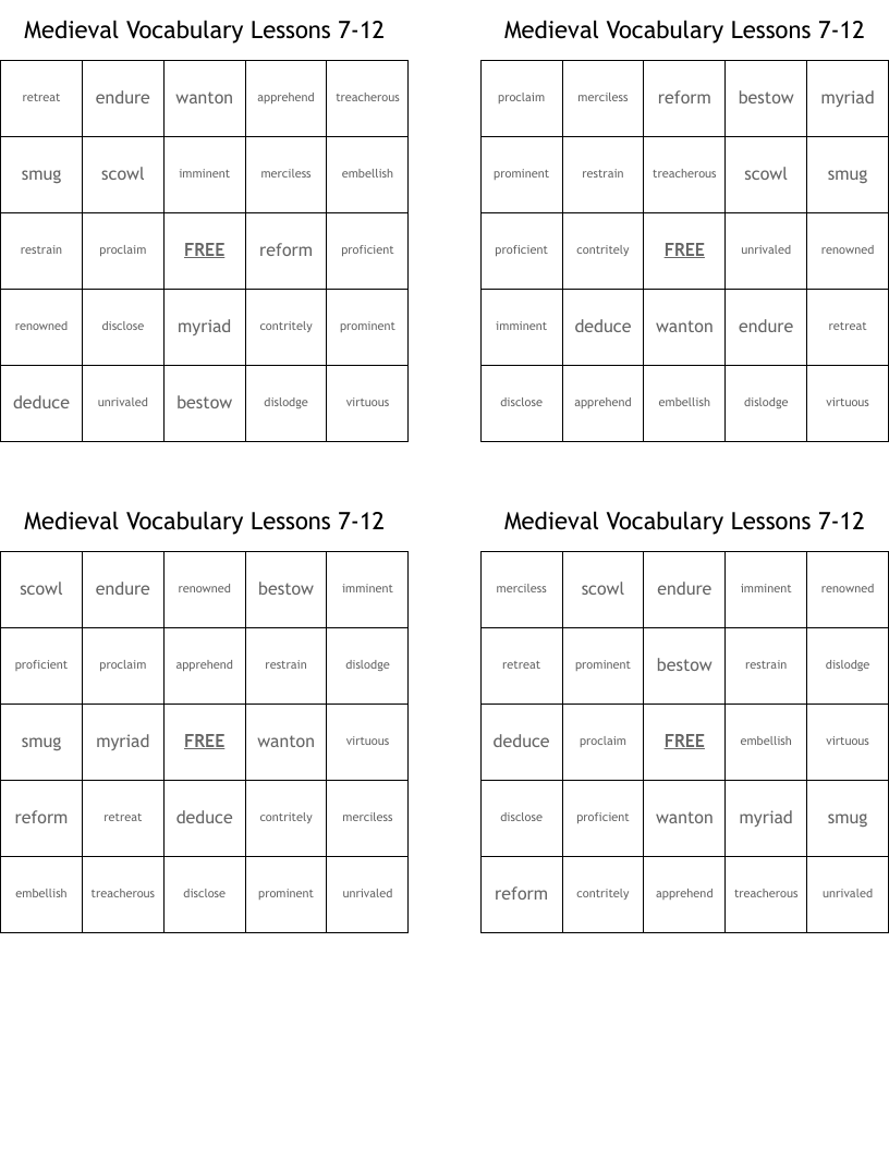 Medieval Vocabulary Lessons 7-12 Bingo Cards