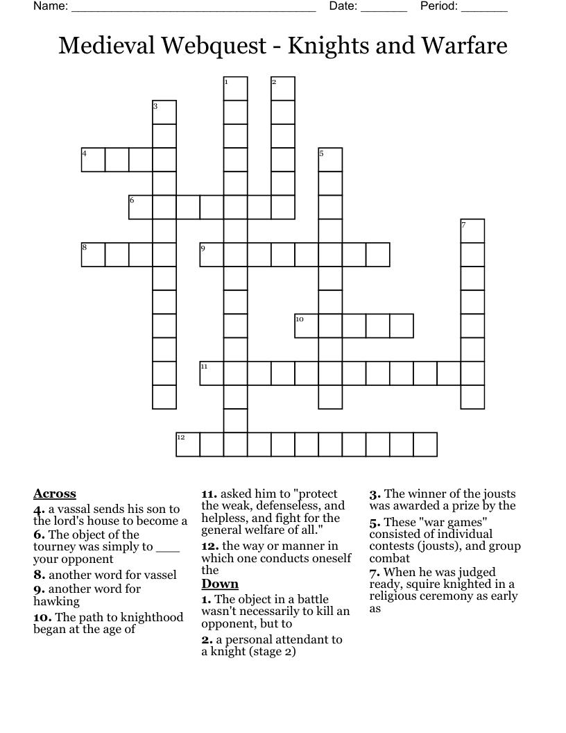 Medieval Webquest - Knights and Warfare Crossword