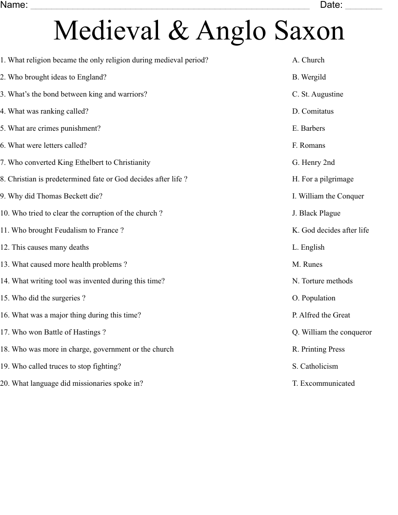 Medieval & Anglo Saxon  Worksheet