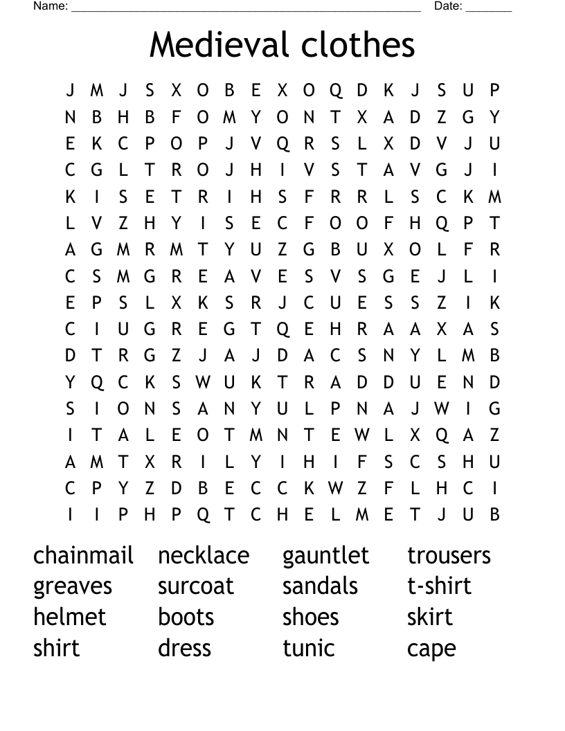 Medieval clothes Word Search
