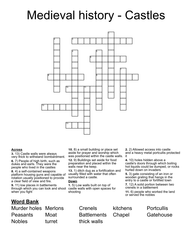 Medieval history - Castles  Crossword