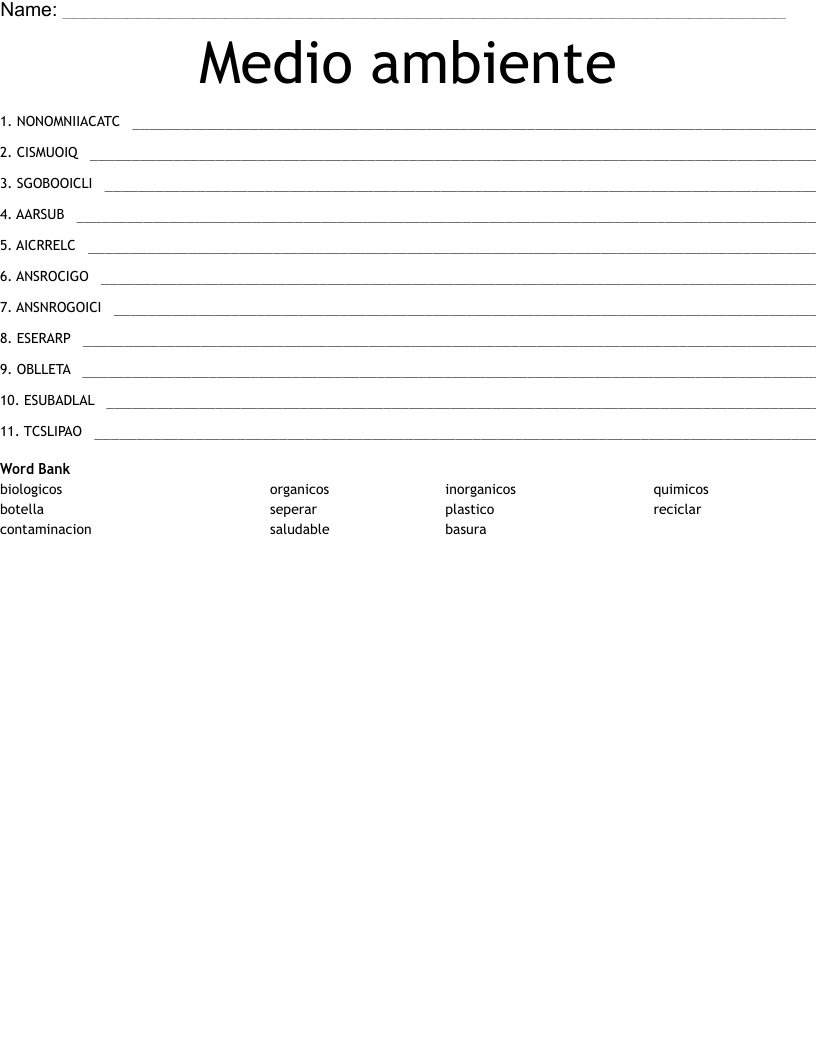 Medio ambiente Word Scramble