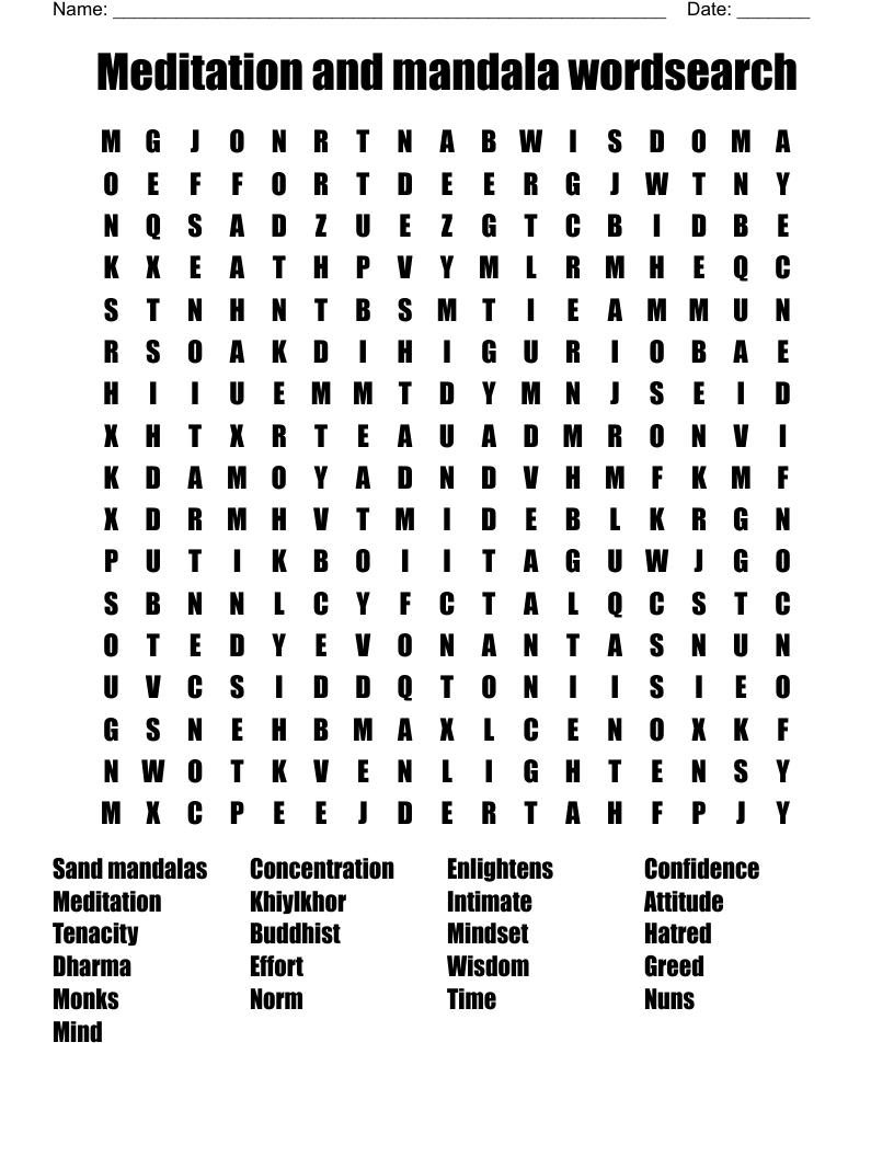Meditation and mandala wordsearch 